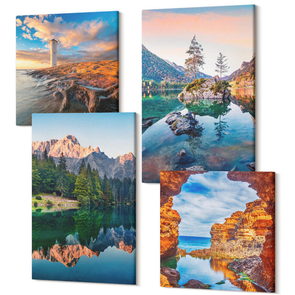 Tablouri multicanvas 4 piese Lacuri de munte cu reflexii în apă și stânci