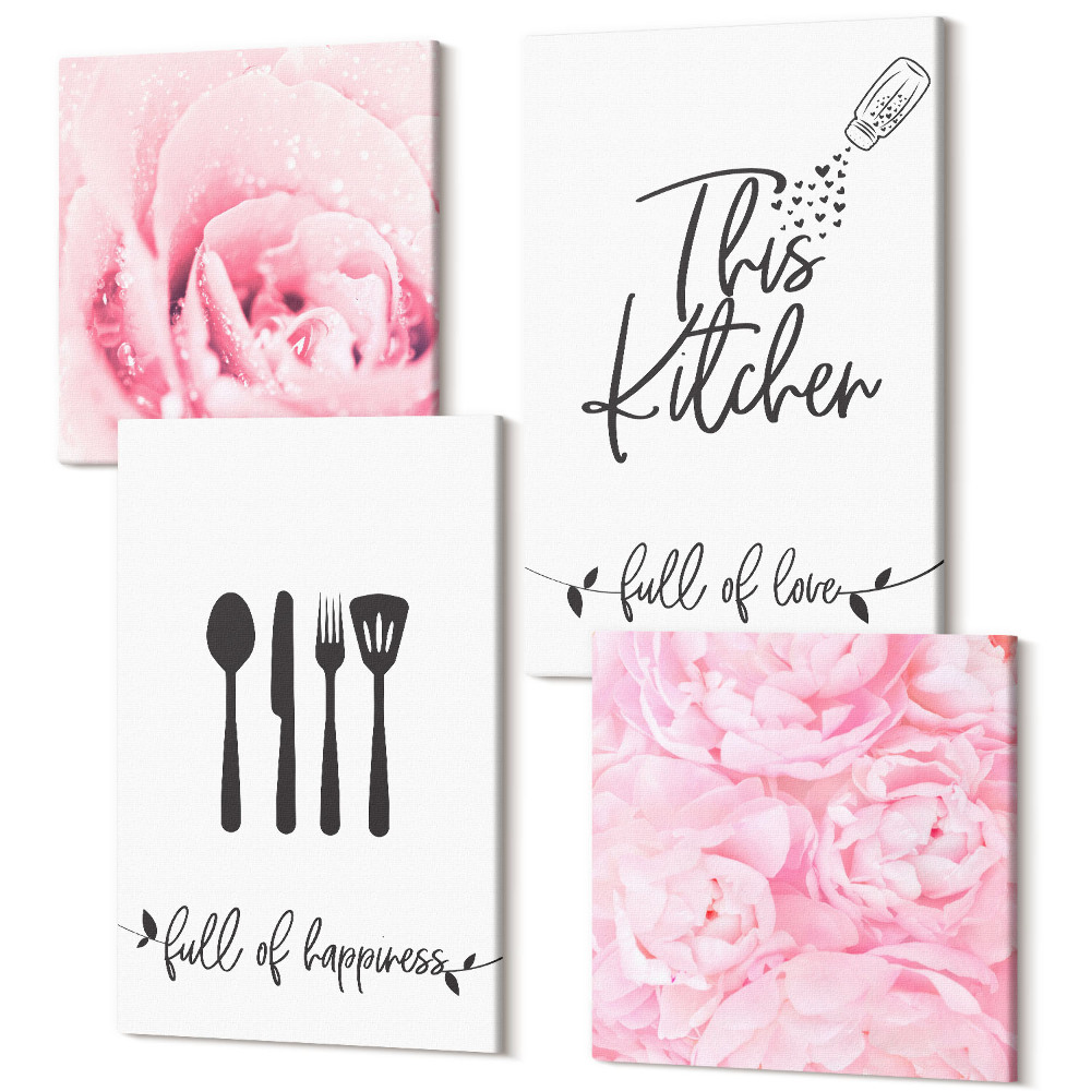 Tablouri canvas set 4 piese Bucătărie inscripționând flori delicate de trandafir