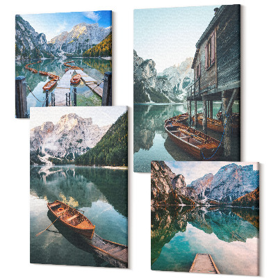 Tablou 4 piese Un lac în munți cu bărci și o colibă ​​de lemn