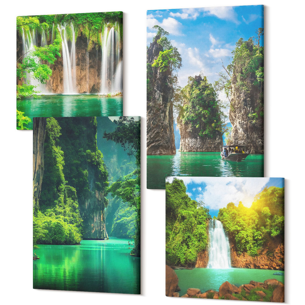 Tablouri multicanvas 4 piese Peisaje verzi cu cascade și stânci