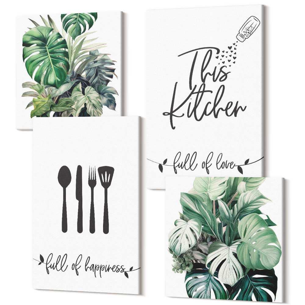 Tablou 4 piese Modele de ustensile de bucătărie frunze de plante