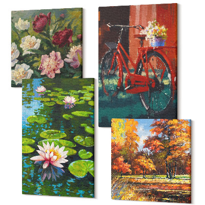 Tablouri canvas set 4 piese Culori de toamna, balta cu nuferi, bicicleta pe terasa