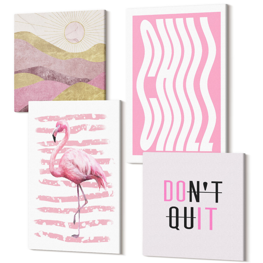 Tablouri multicanvas 4 piese Litere pastelate peisaj montan flamingos roz