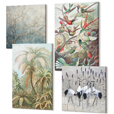 Tablouri canvas set 4 piese Plante tropicale și păsări colorate în natură
