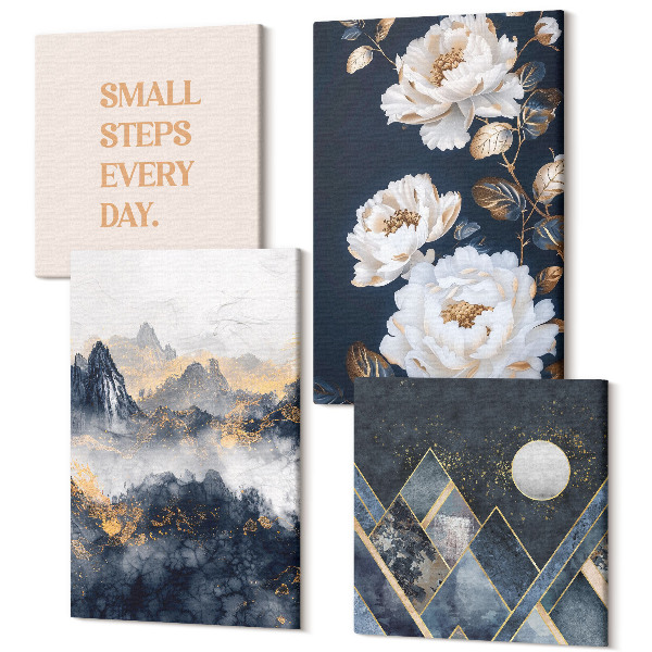Tablouri canvas set 4 piese Flori abstracte de munți și litere inspiratoare