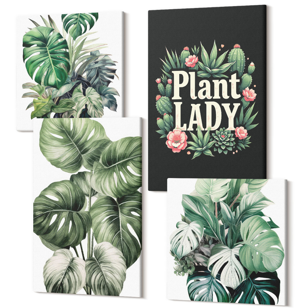Tablouri multicanvas 4 piese Plante tropicale cu inscripția Plant Lady în verde