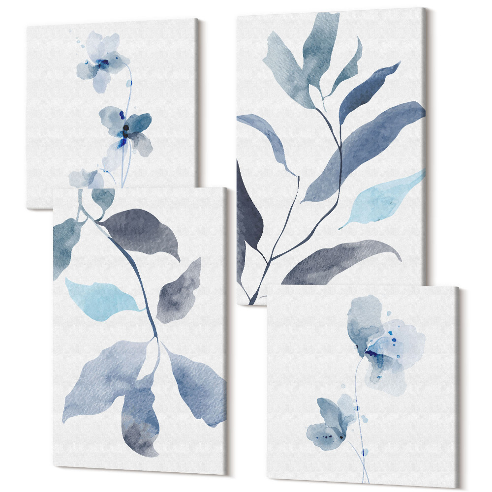 Tablouri canvas set 4 piese Frunze albastre pe un fundal deschis, stil acuarelă