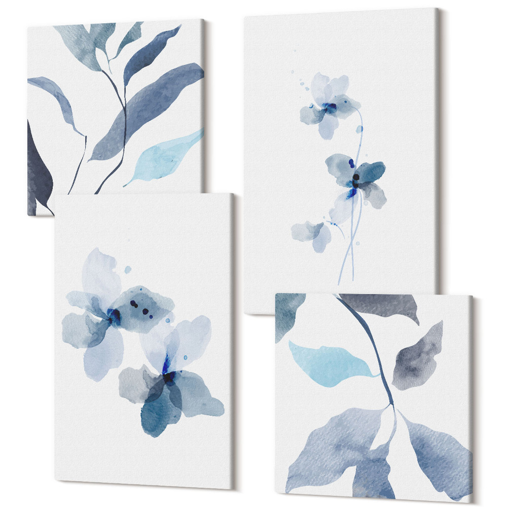 Tablouri multicanvas 4 piese Flori de acuarelă minimalistă în nuanțe de albastru