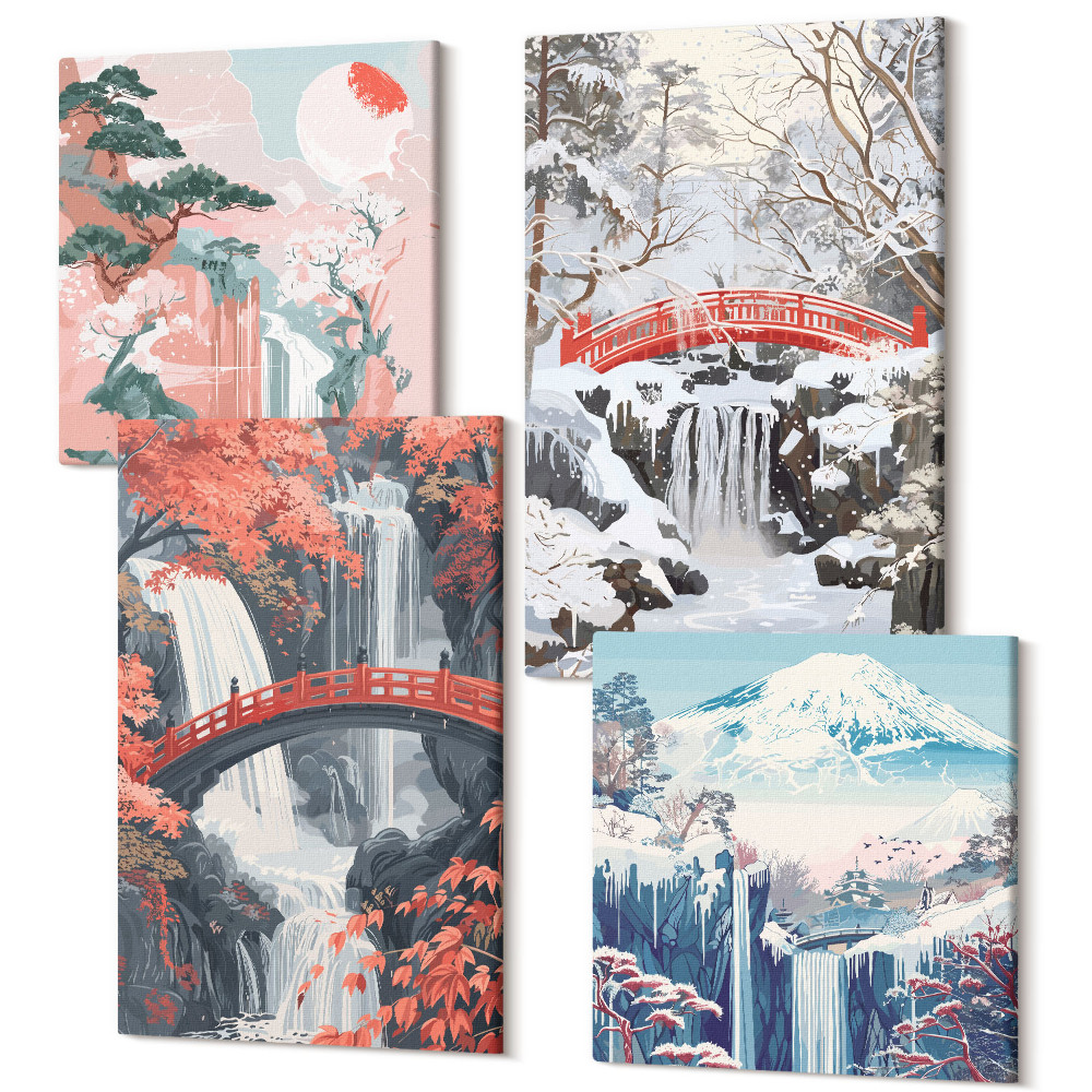 Tablouri multicanvas 4 piese Peisaje montane și cascade în diferite anotimpuri