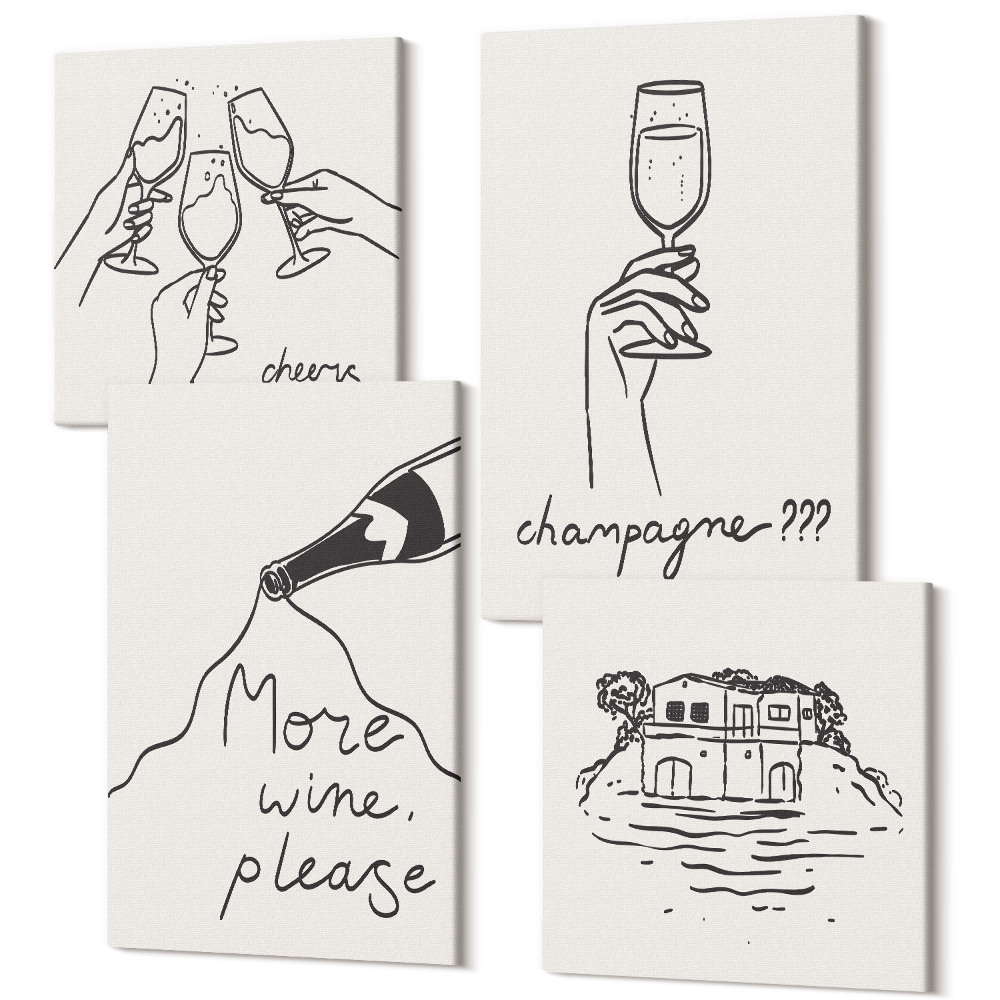 Tablouri multicanvas 4 piese Momente vesele cu vin și șampanie line-art