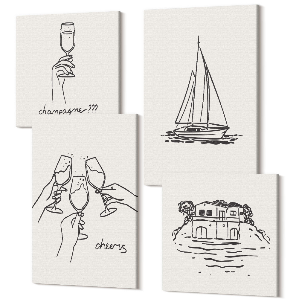 Tablou 4 piese Vederi spre casă lângă apă, toast cu pahare, barca cu pânze