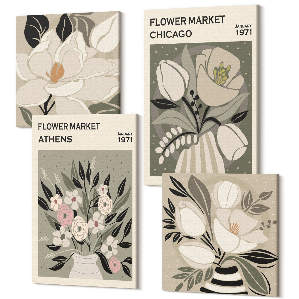 Tablouri canvas set 4 piese Aranjamente florale în stil retro din diverse orașe