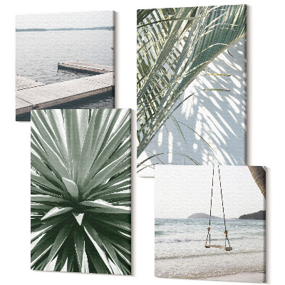 Tablou 4 piese Leagăn de plante cu frunze de palmier și pod de lemn