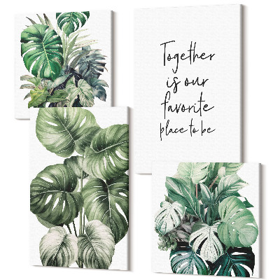 Tablou 4 piese Frunze verzi de plante tropicale cu inscripție decorativă