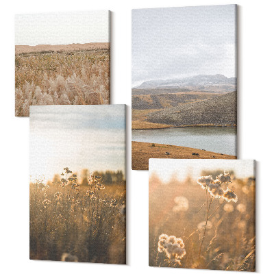 Tablouri canvas set 4 piese Peisaje cu pajiști, munți și un lac în fundal