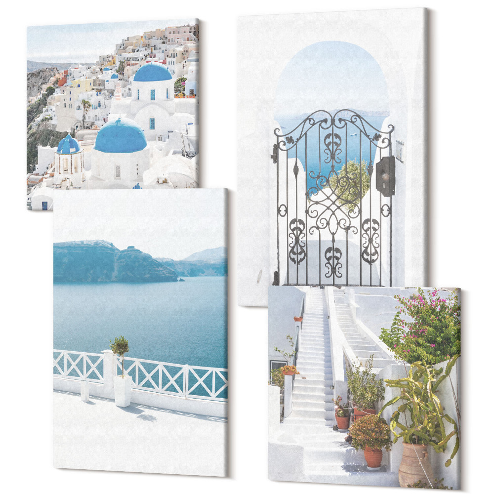 Tablouri canvas set 4 piese Scari albe cu plante, vedere la mare si poarta