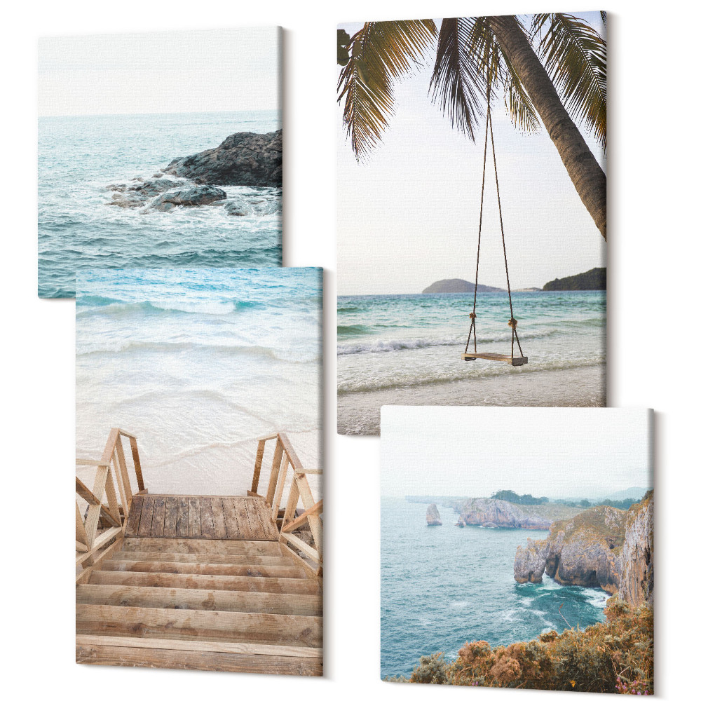 Tablouri multicanvas 4 piese Scări către plajă, vedere la mare și leagăn cu palmieri