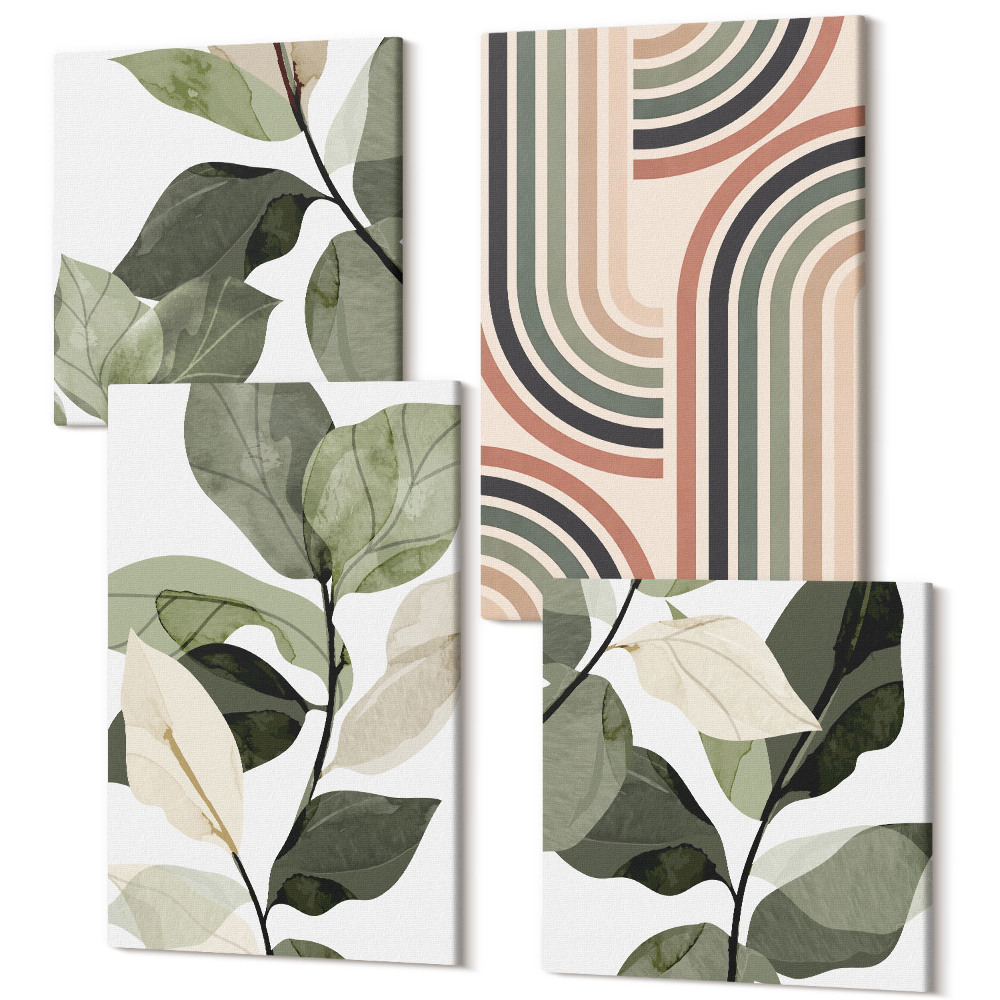 Tablouri multicanvas 4 piese Motive vegetale cu modele geometrice în nuanțe de verde