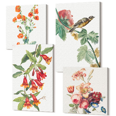 Tablouri canvas set 4 piese Flori retro pictate și o pasăre pe o ramură