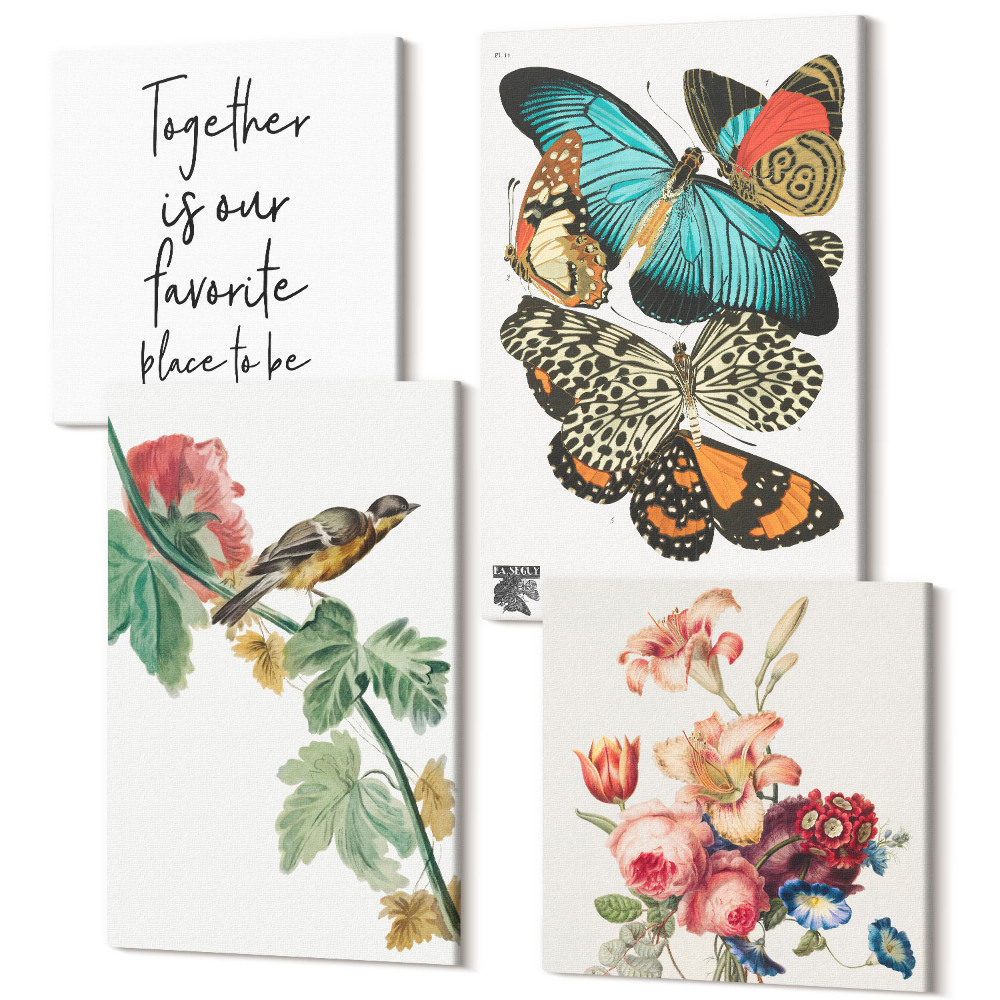 Tablouri canvas set 4 piese Flori, fluturi și o pasăre în nuanțe pastelate
