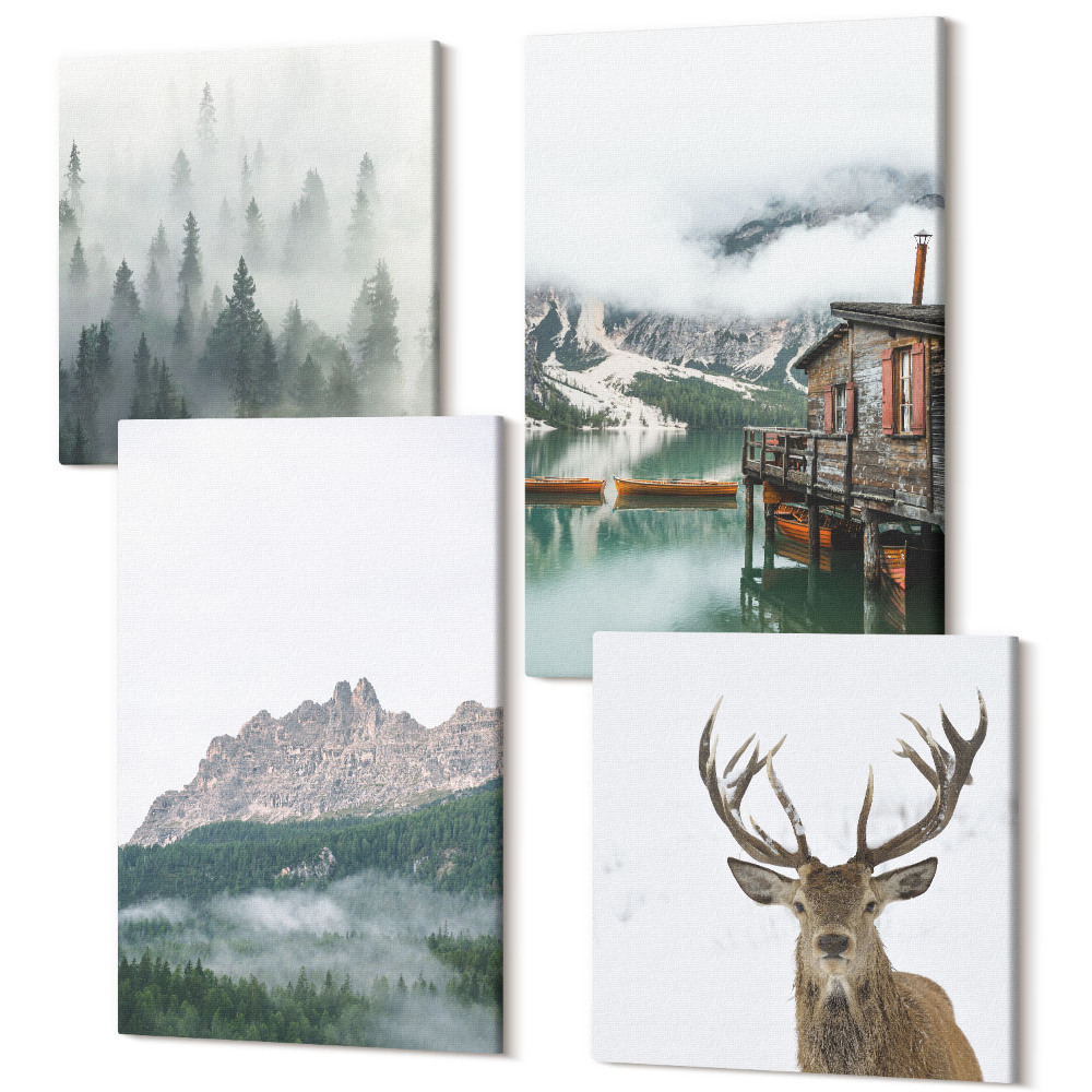 Tablouri multicanvas 4 piese Munți, lac, căprioare, colibă ​​și ceață în pădure