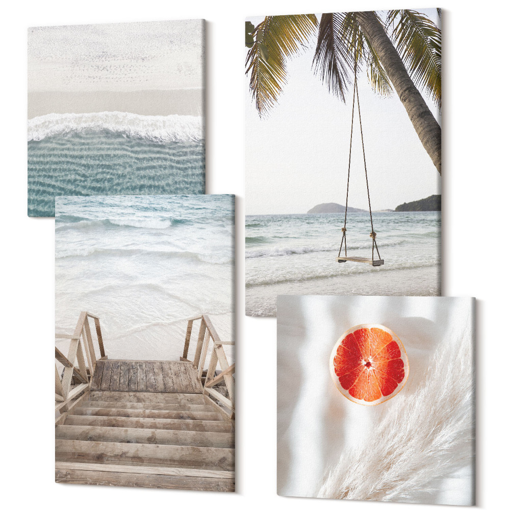 Tablouri canvas set 4 piese Plaja cu scari de lemn, atmosfera de vacanta