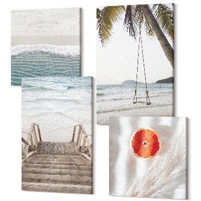 Tablouri canvas set 4 piese Plaja cu scari de lemn, atmosfera de vacanta