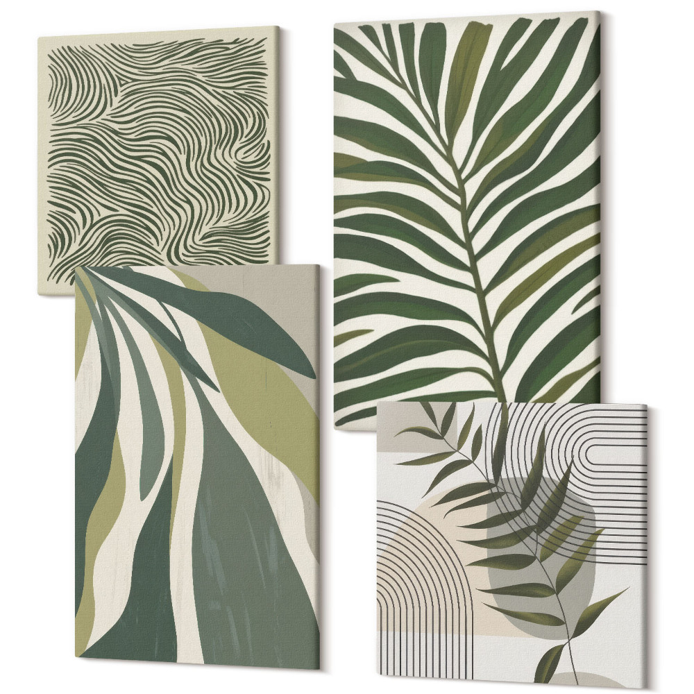 Tablou 4 piese Modele de frunze și linii ondulate în ilustrații pastelate