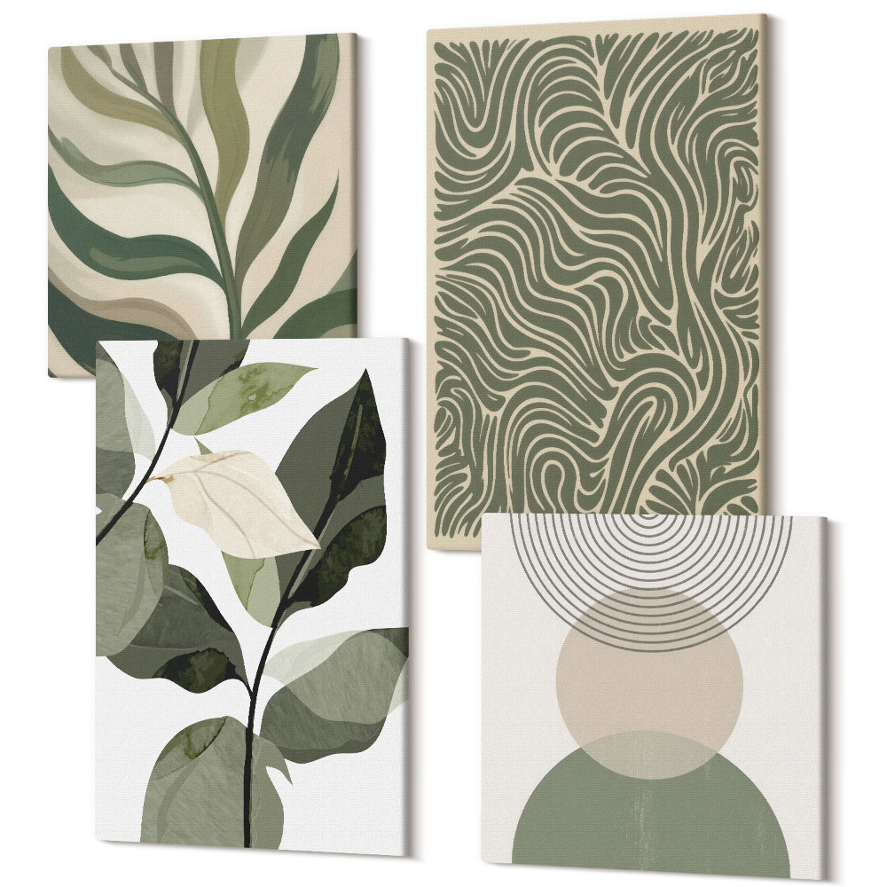 Tablou 4 piese Frunze și forme geometrice abstracte