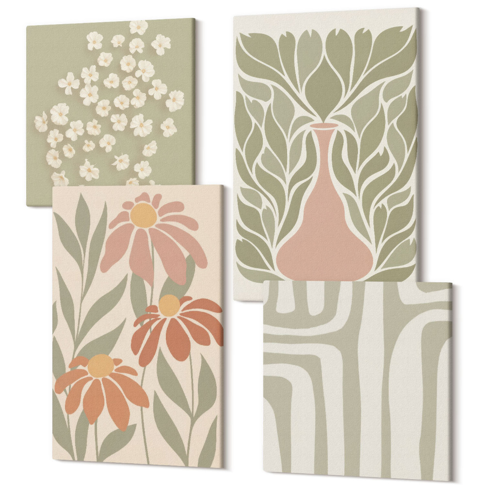 Tablou 4 piese Motive florale, modele minimaliste, stil boho