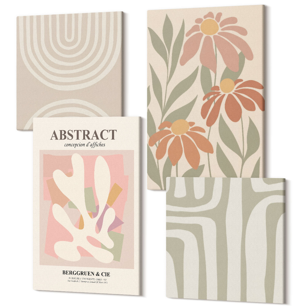 Tablou 4 piese Forme abstracte cu motive vegetale în pasteluri