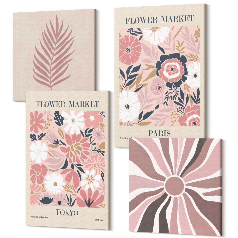 Tablouri canvas set 4 piese Modele florale cu frunze și forme geometrice