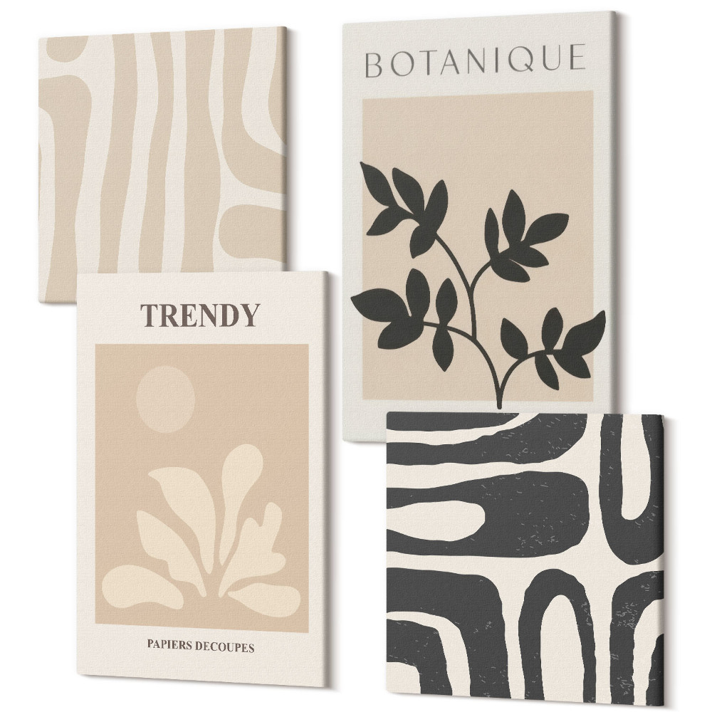 Tablou 4 piese Modele de plante elegante în nuanțe de bej și negru