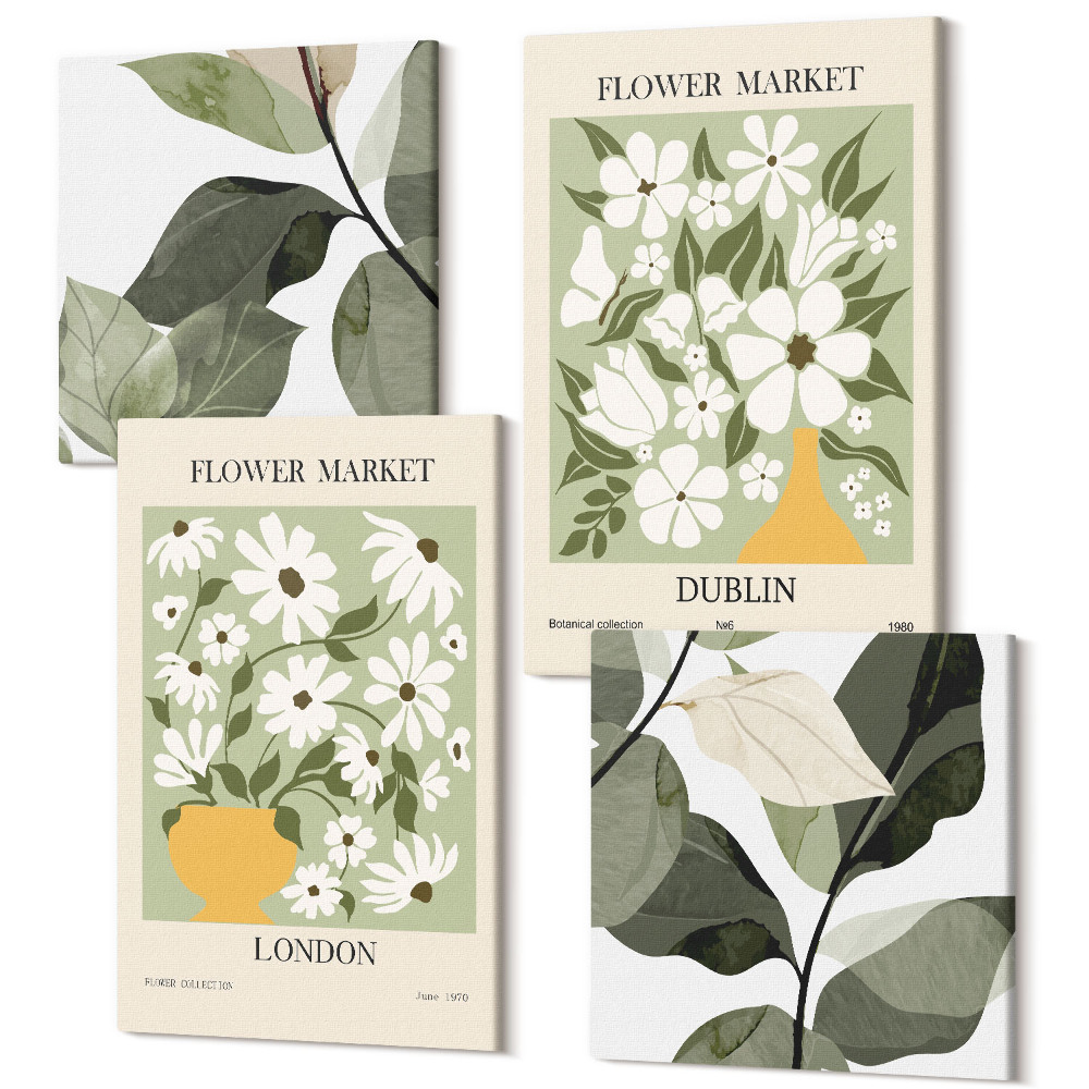Tablouri canvas set 4 piese Modele florale Londra și Dublin frunze delicate