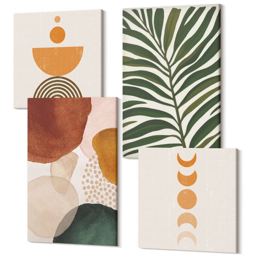 Tablouri canvas set 4 piese Forme abstracte în culori calde și frunze