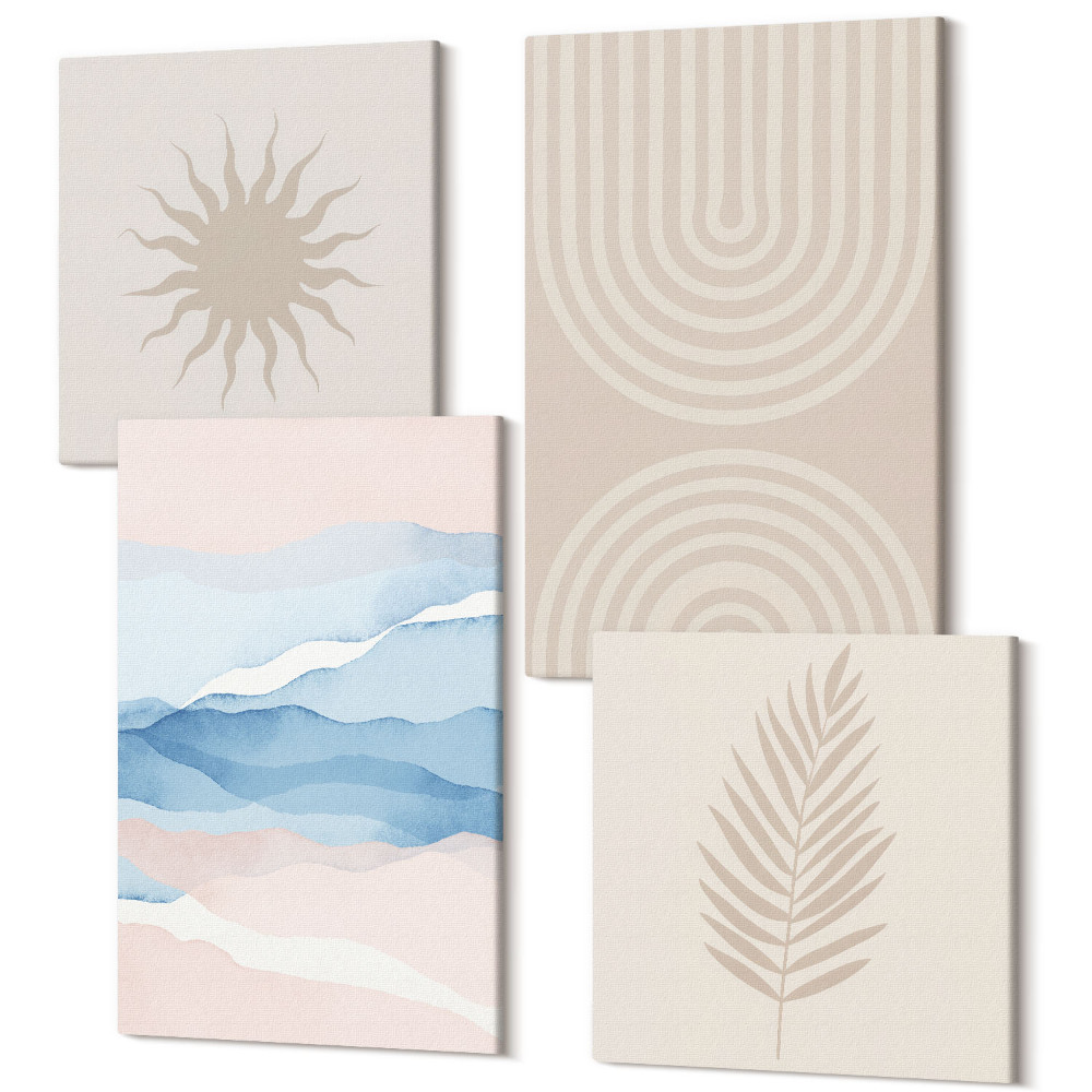 Tablouri multicanvas 4 piese Soare, valuri și linii abstracte în culori pastelate