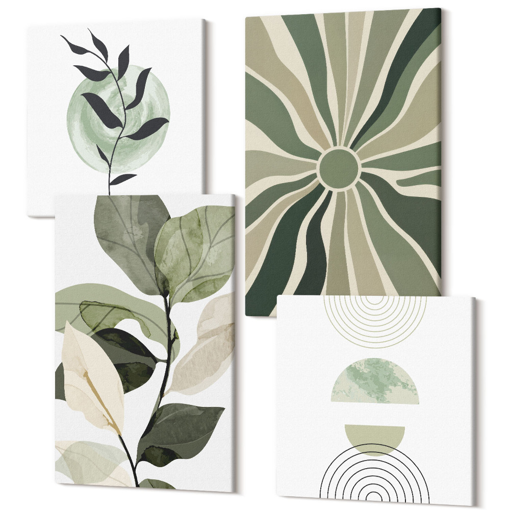 Tablouri multicanvas 4 piese Motive vegetale cu forme geometrice în verde