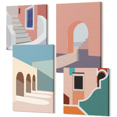 Tablou 4 piese Grafică minimalistă pastel a arhitecturii urbane