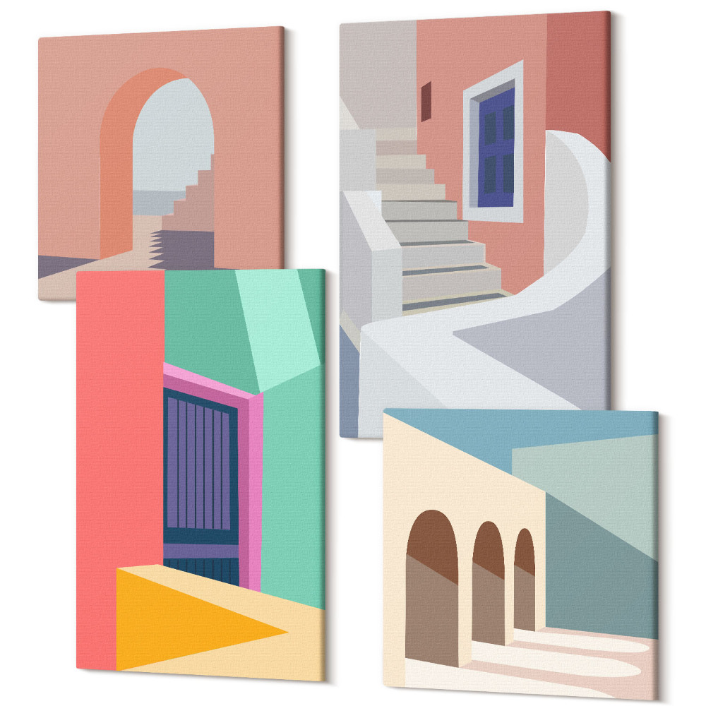 Tablouri multicanvas 4 piese Ilustrații colorate ale clădirilor în stil modern
