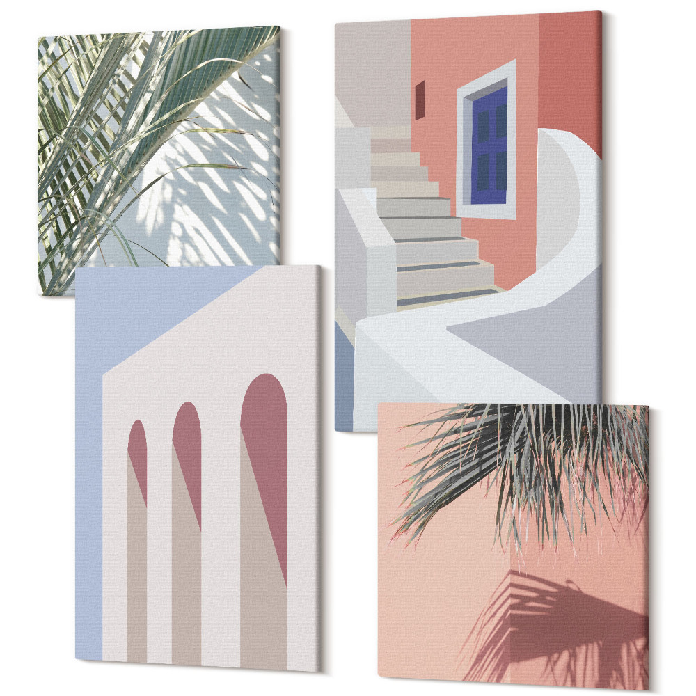 Tablou 4 piese Ilustrații ale arhitecturii urbane într-un stil minimalist