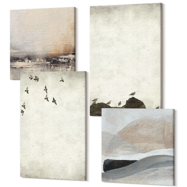 Tablouri canvas set 4 piese Decorații minimaliste cu păsări, pietre și pensule