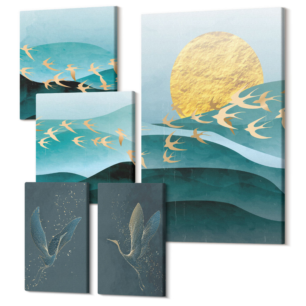 Tablouri canvas set 5 piese Armonia naturii cu păsările și valurile într-un stil modern