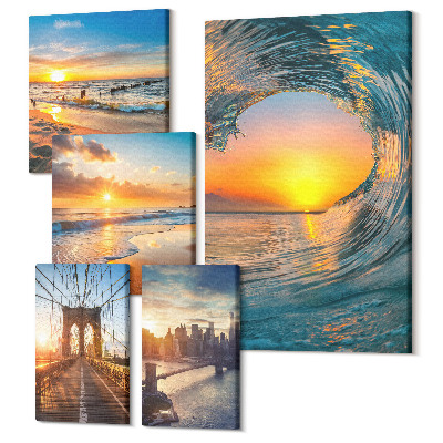 Tablouri canvas set 5 piese Vederi la mare, apusuri și poduri din oraș