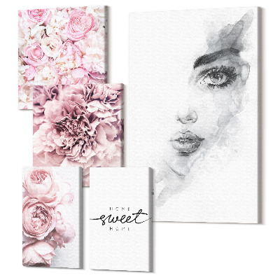 Tablou din 5 piese Accente florale cu un portret și o inscripție despre casă