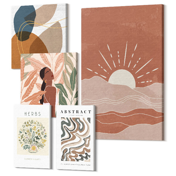 Tablouri canvas set 5 piese Stil boho cu motive vegetale și modele abstracte