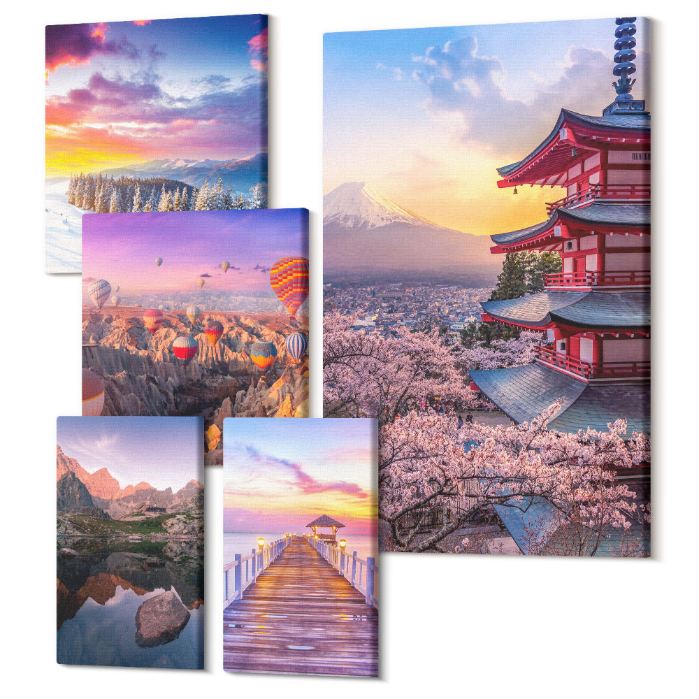 Set tablouri 5 piese Peisaje asiatice cu munți și copaci înfloriți