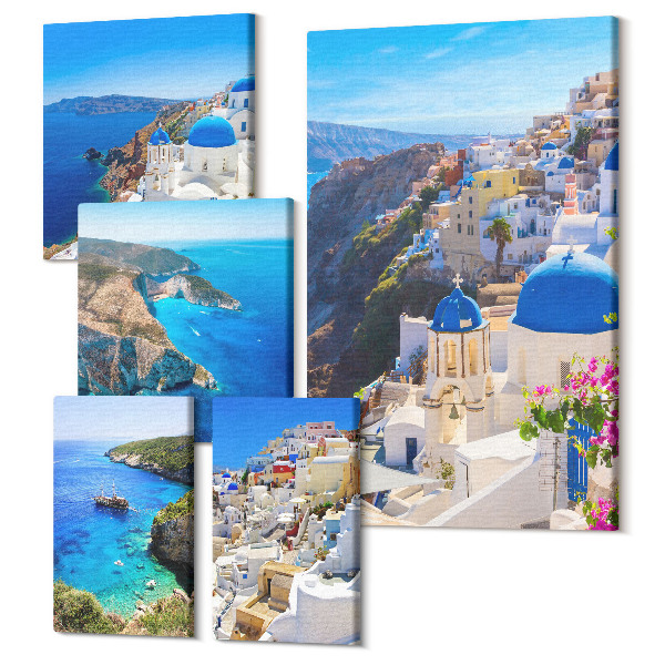 Tablouri canvas set 5 piese Vederi ale insulelor grecești cu cupolă albastră