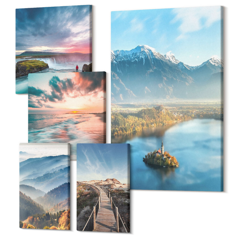 Tablouri canvas set 5 piese Peisaje naturale cu munți și cascade în fundal