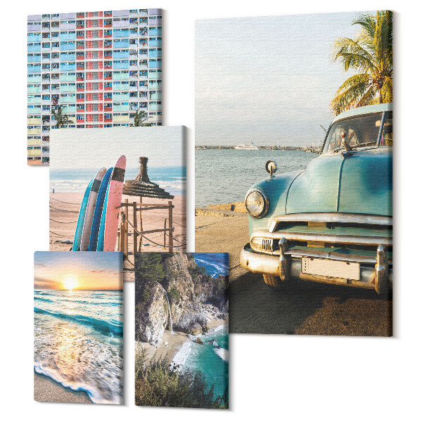 Set tablouri 5 piese Peisaje de plajă elegante cu mașini și surf