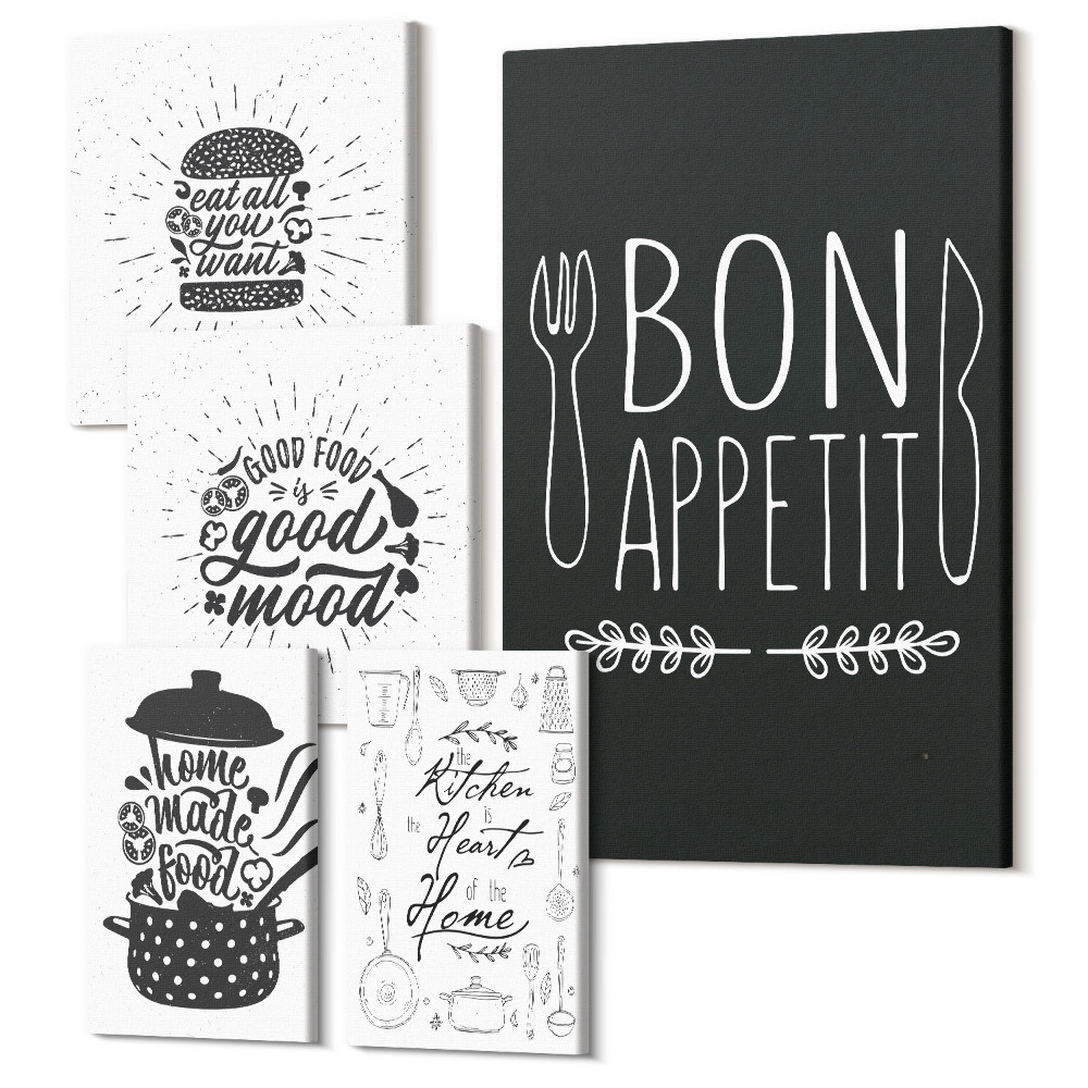 Tablouri canvas set 5 piese Inspirații pentru bucătărie cu sloganuri despre mâncare și gătit
